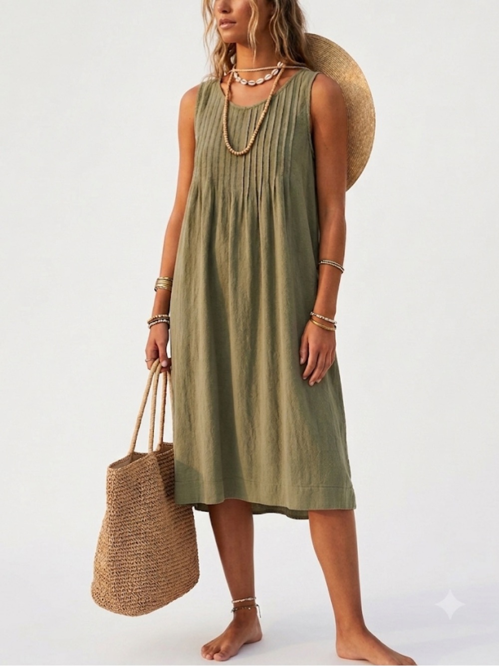 Olive Green V-Neck Sleeveless Midi Shift Dress Size Large XL
